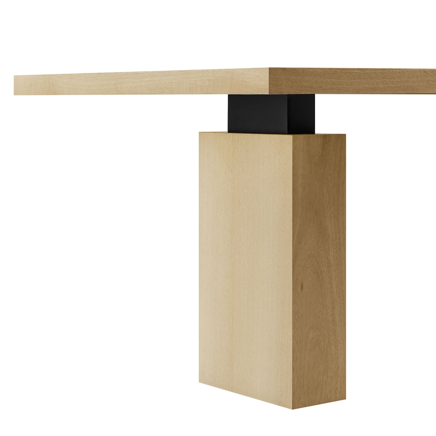 Natural oak table base with rectangular pedestal and long plank top, connected by a black metal block.
