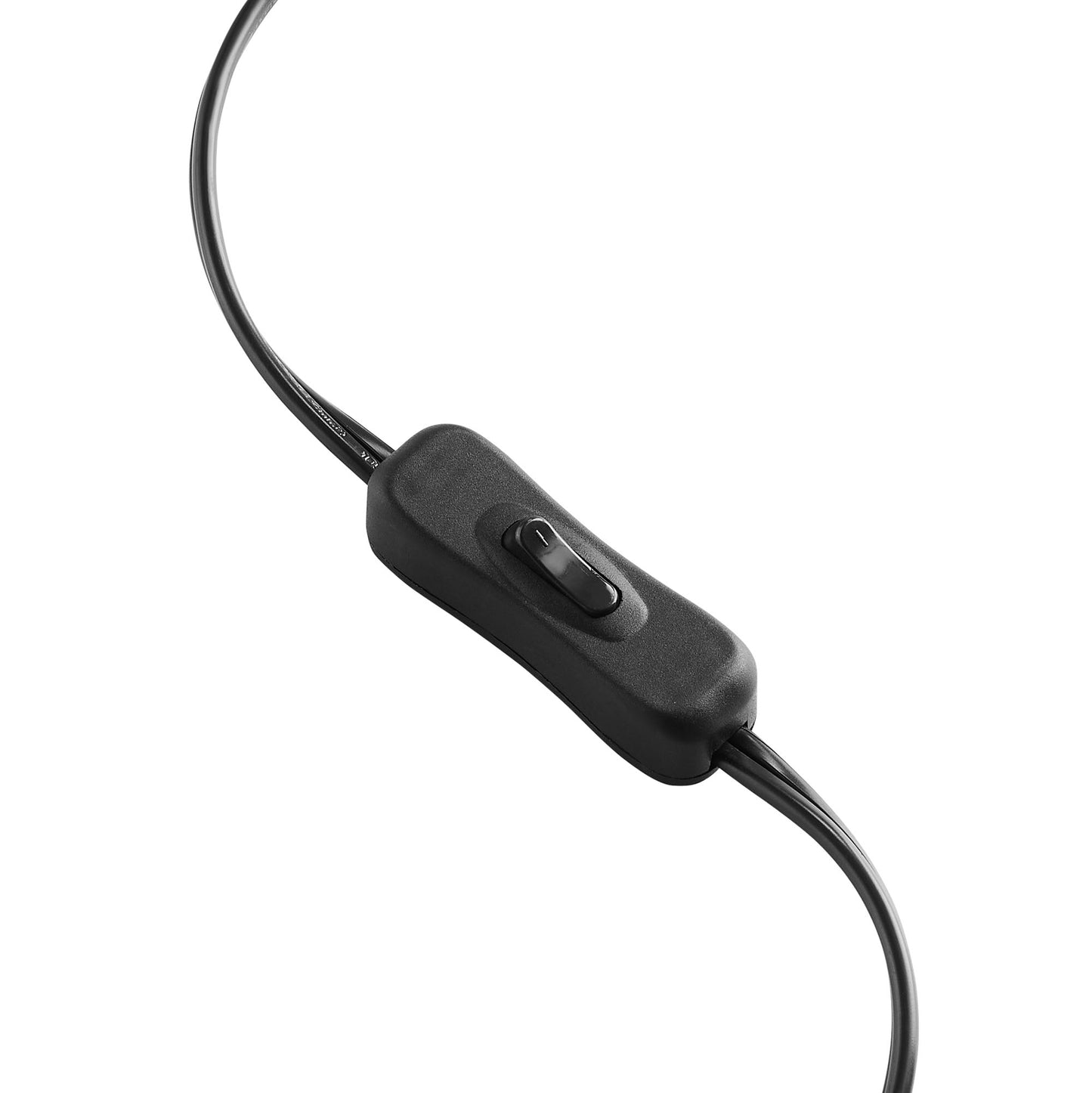 Table lamp with a fabric drum shade; visible black inline power switch on a black cord in a slim rectangular black plastic housing with a centered slider toggle.