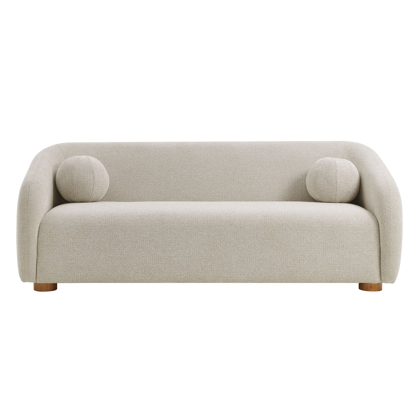 Gray curved sofa with rounded arms, two round bolster cushions, and short wooden legs.
