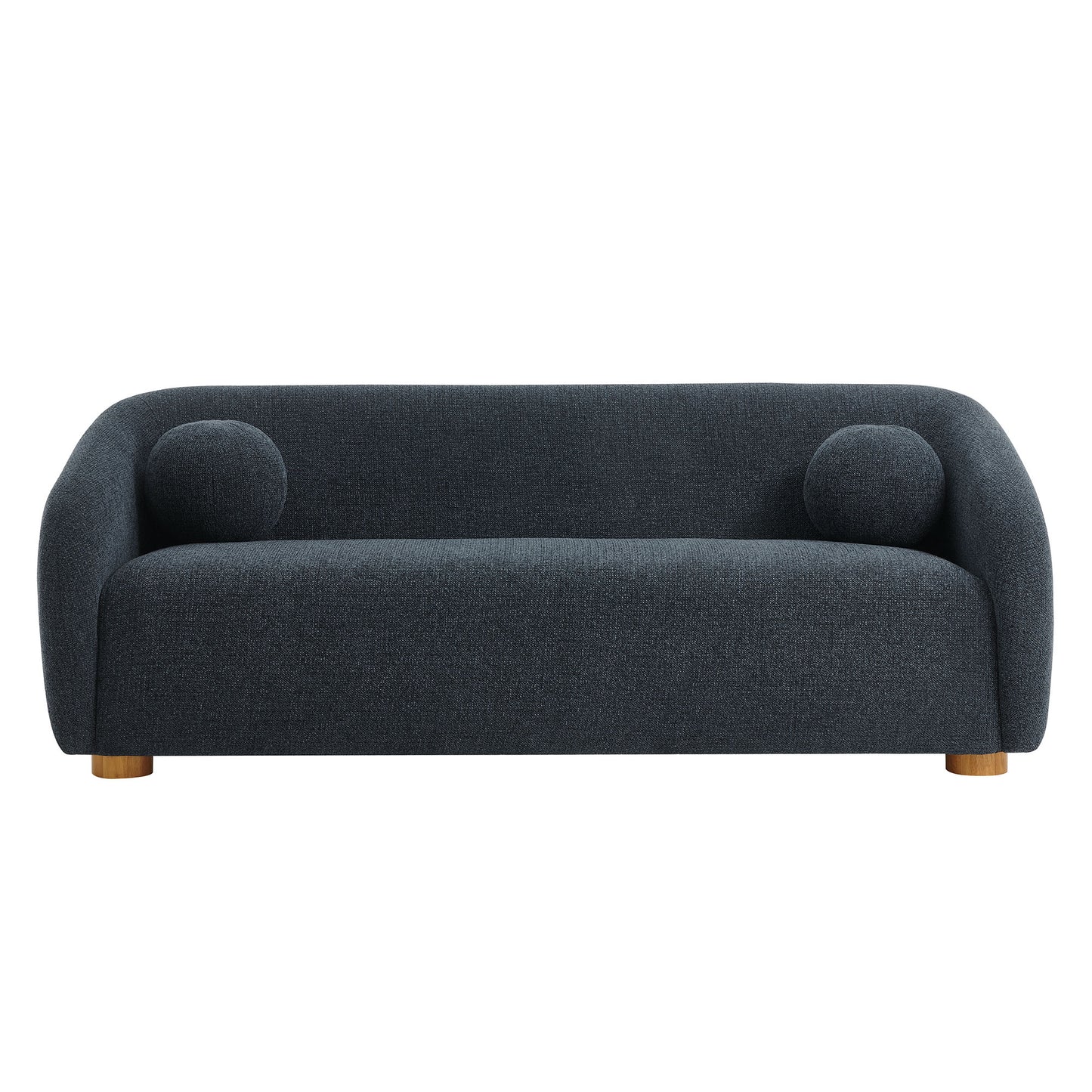 Navy blue curved fabric sofa with rounded arms, two circular accent cushions, and short wooden legs.