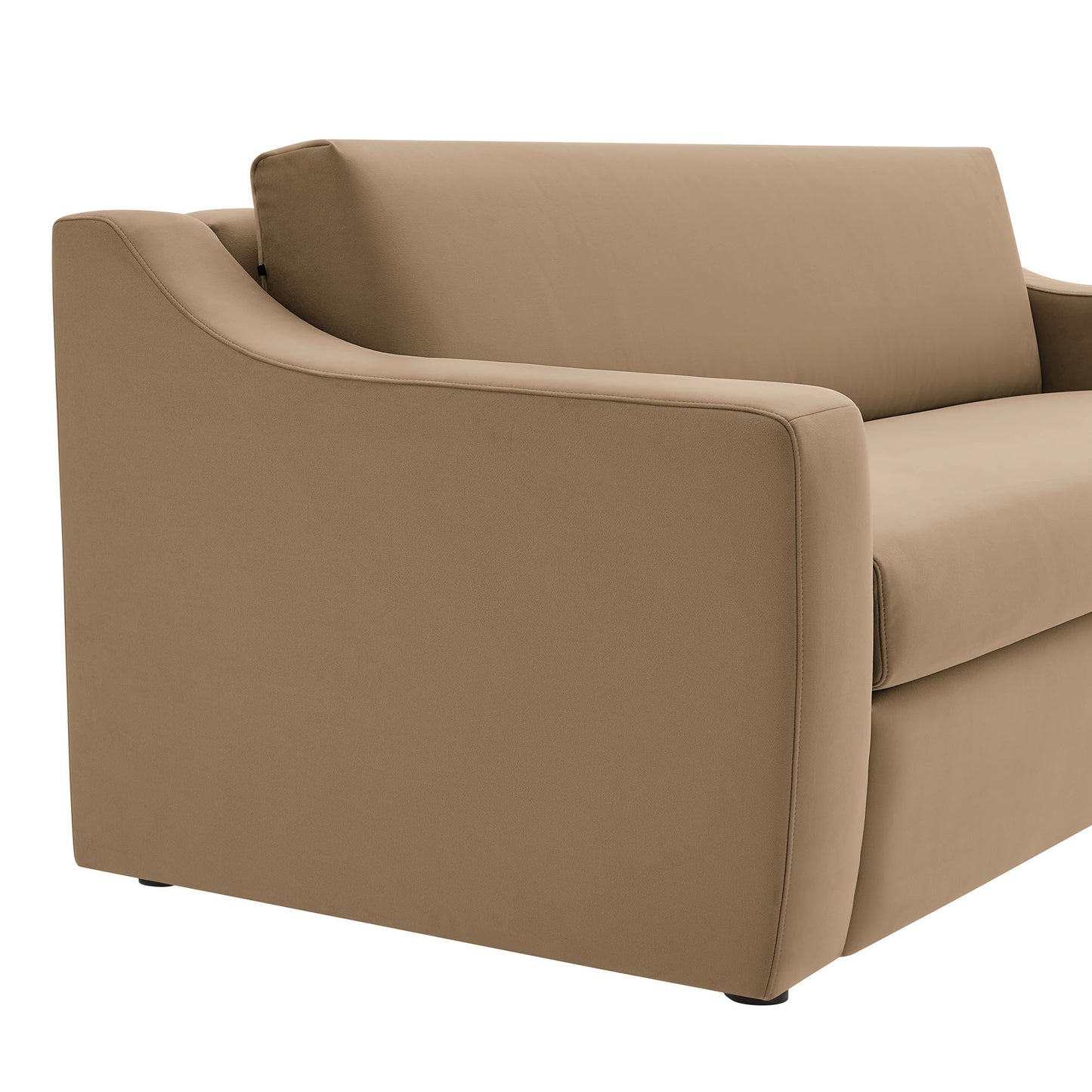 Taupe upholstered sofa with rounded armrests and plush cushions, modern style.
