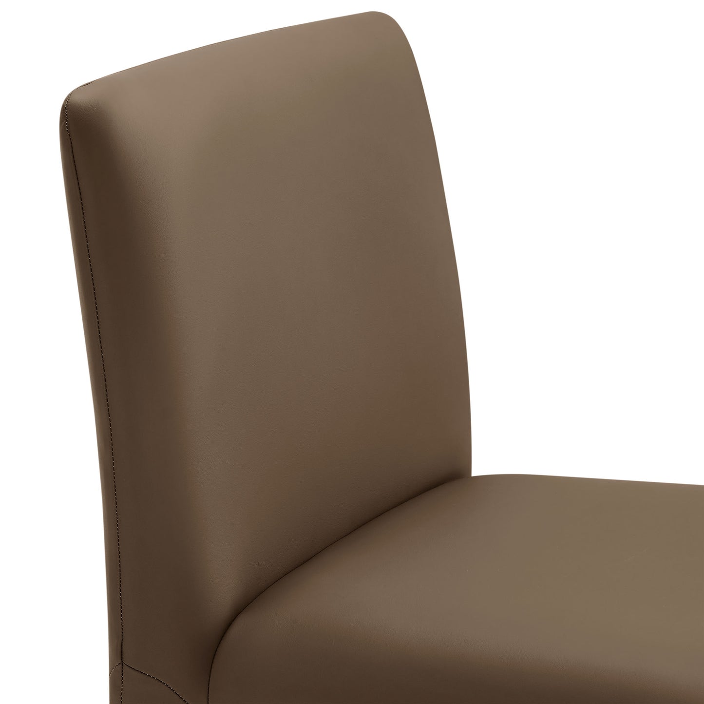 Taupe-brown vegan leather upholstered dining chair with a tall curved back and cushioned seat.