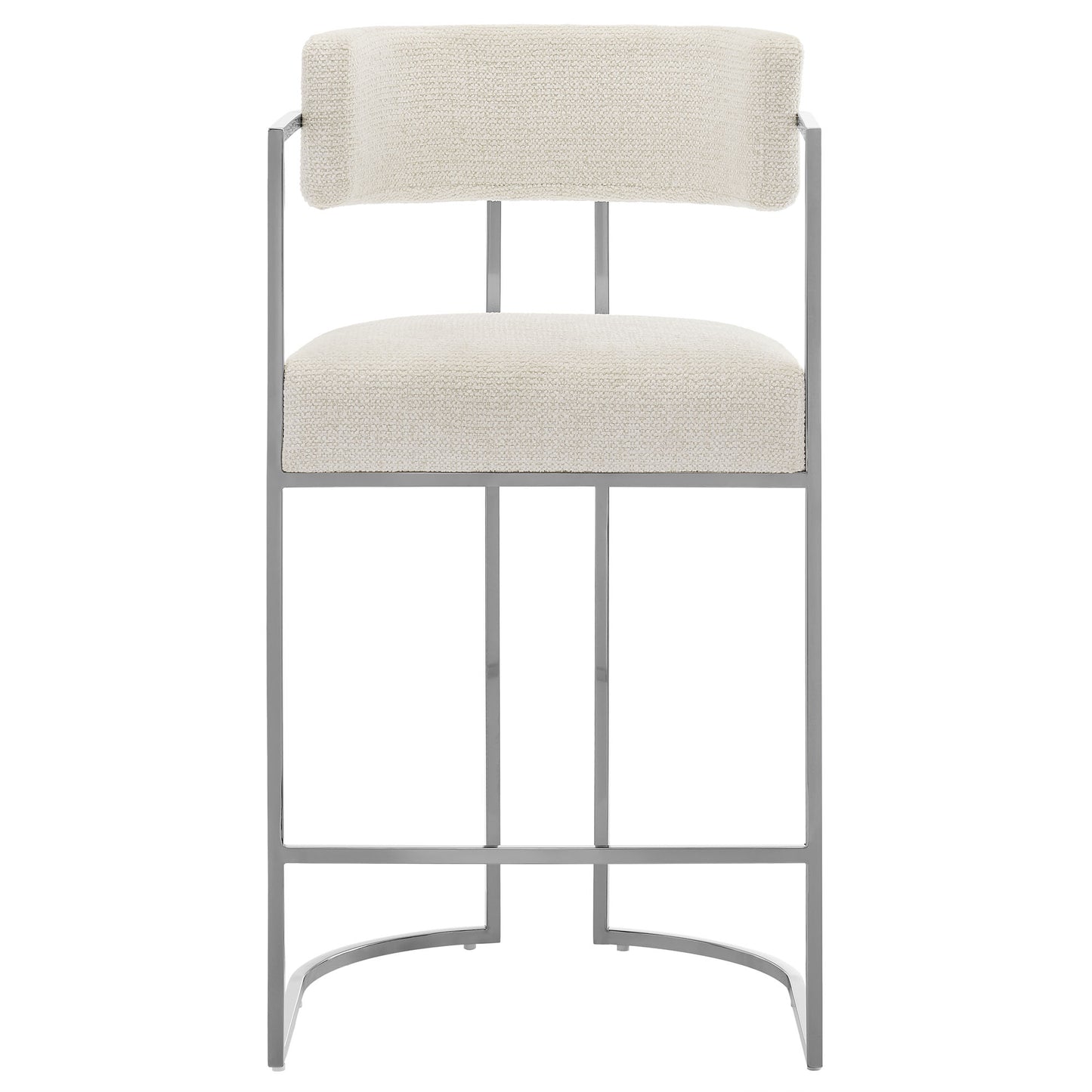 Gray metal bar stool with cream upholstered seat and backrest, curved footrest, modern industrial design.