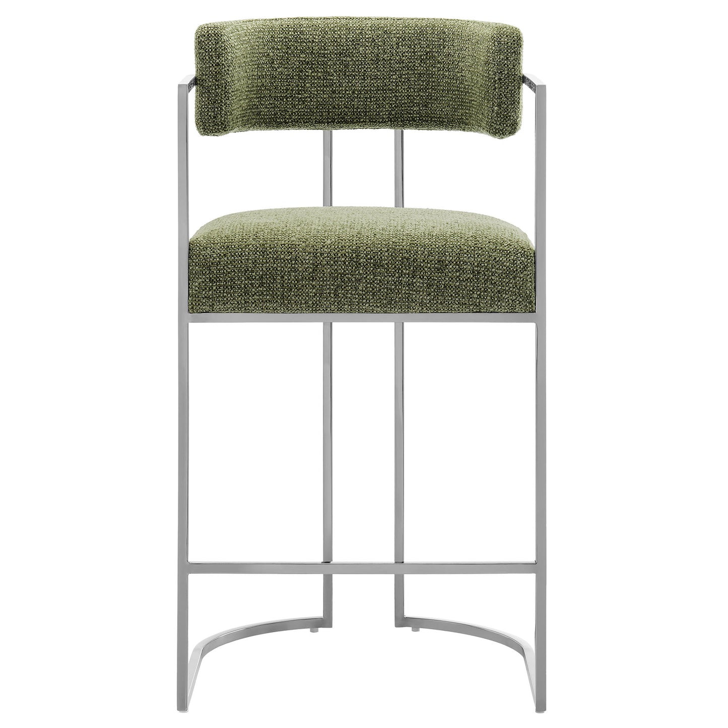 Olive green textured fabric cushioned counter stool with curved backrest on a slim gray metal frame.