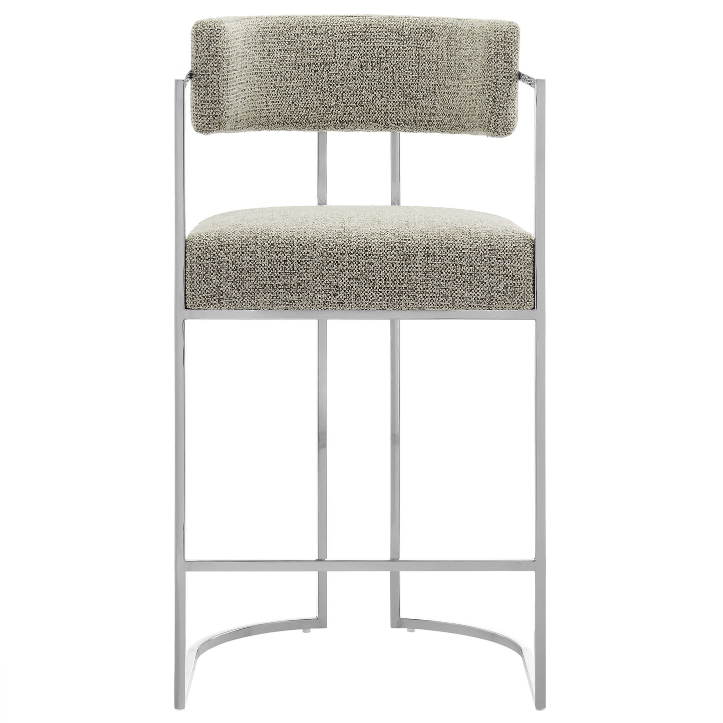 Modern silver metal barstool with beige tweed upholstered seat and back cushion; slim frame and curved footrest.