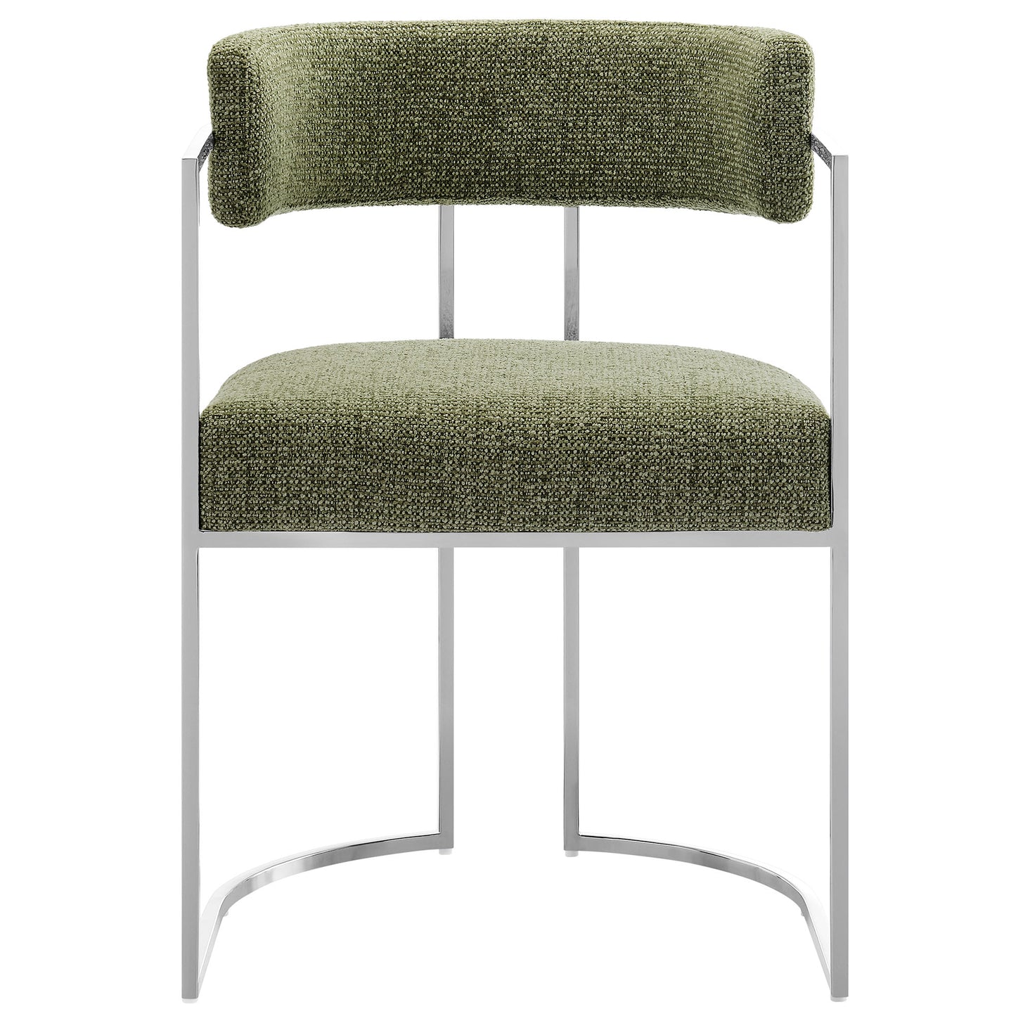 Olive green fabric upholstered dining chair with a silver metal frame and curved back.