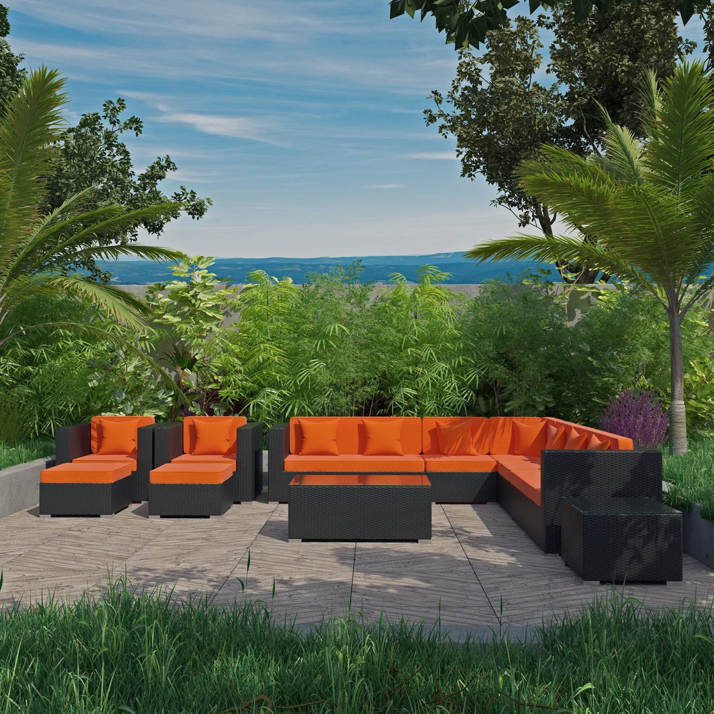 Modway Outlet Cohesion 11 Piece Outdoor Patio Sectional Set by Modway Outdoor Furniture Furniture Espresso Orange - EEI-723-EXP-ORA-SET