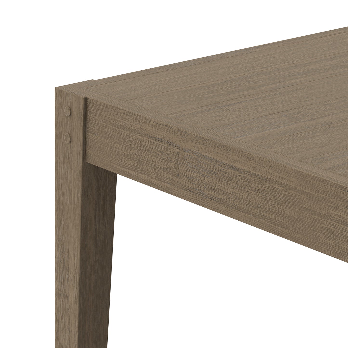 Weathered gray wood table corner with square leg and visible fasteners, rustic-modern style.