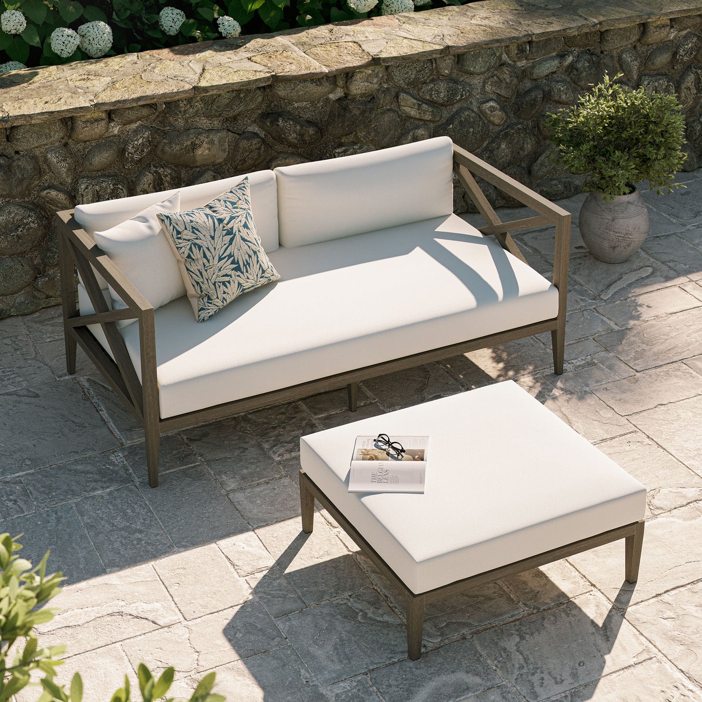 Modway - Northlake Outdoor Patio Teak Wood Loveseat and Ottoman Set by Modway Outdoor Furniture Sofa Sectionals White - EEI-7273-WGR-WHI