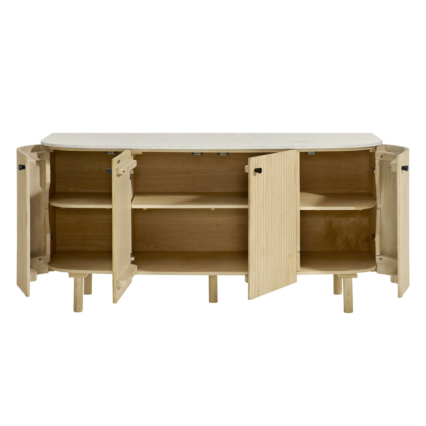 Natural wood sideboard storage cabinet with three cupboard doors, interior shelves, curved top & tapered legs.