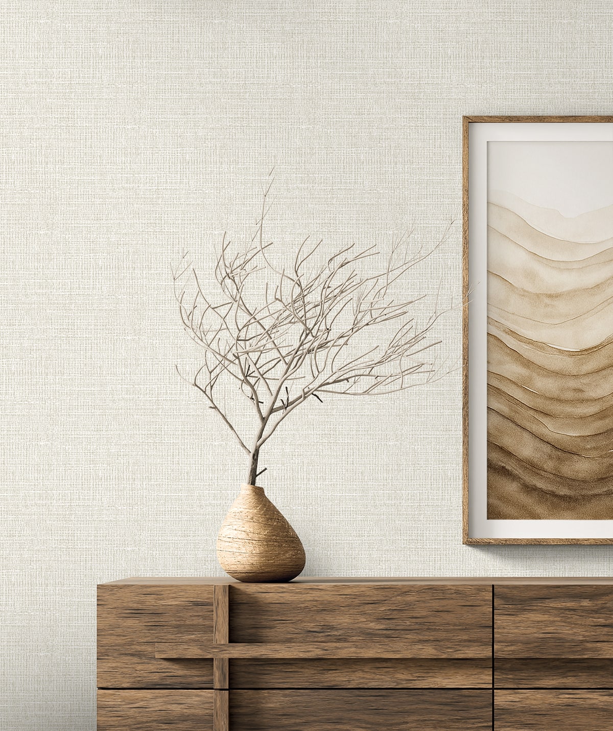 Framed grayscale abstract art in a beige frame.