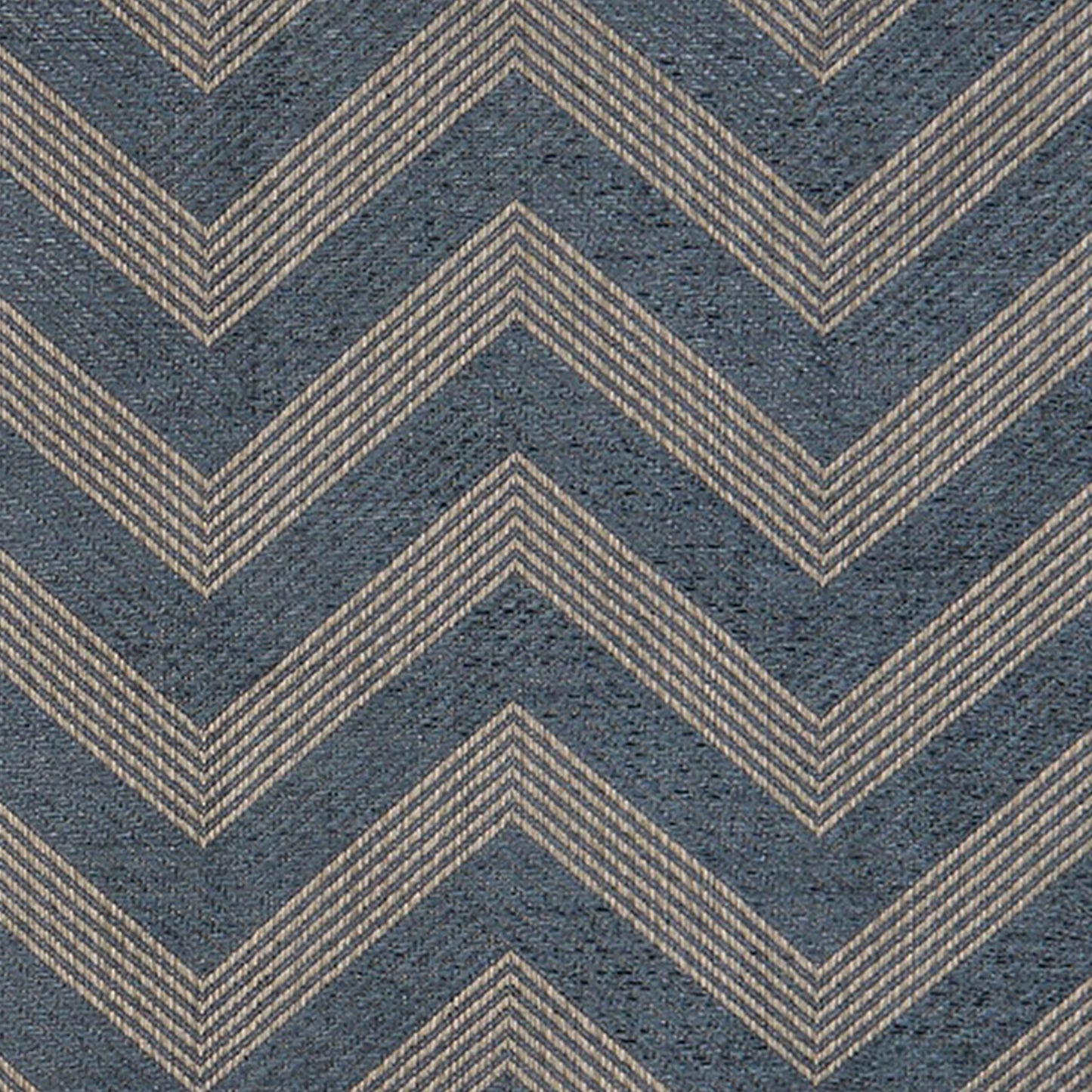Blue and beige chevron-patterned fabric with textured weave; modern geometric textile suitable for upholstery, cushions, or home décor.