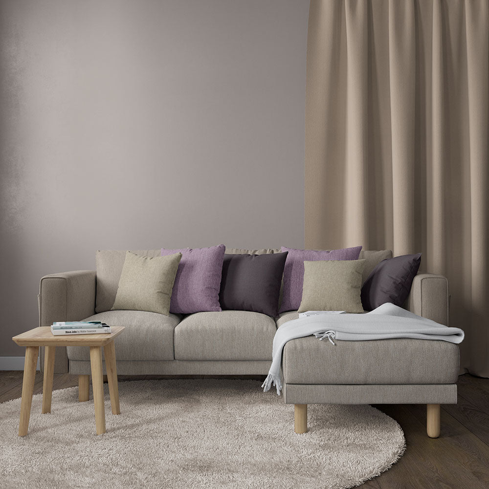 Beige linen solid fabric swatch with a visible weave, shown in a neutral setting.