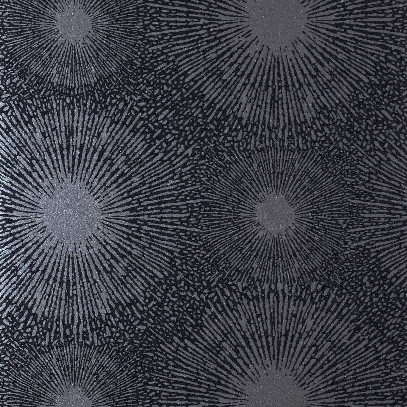 Dark navy wallpaper with pale gray sunburst circular motifs; repeating radiant bursts for modern decor.