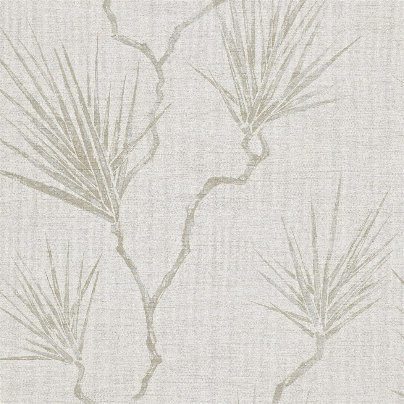 Neutral beige wallpaper featuring taupe palm silhouettes and branching stems.