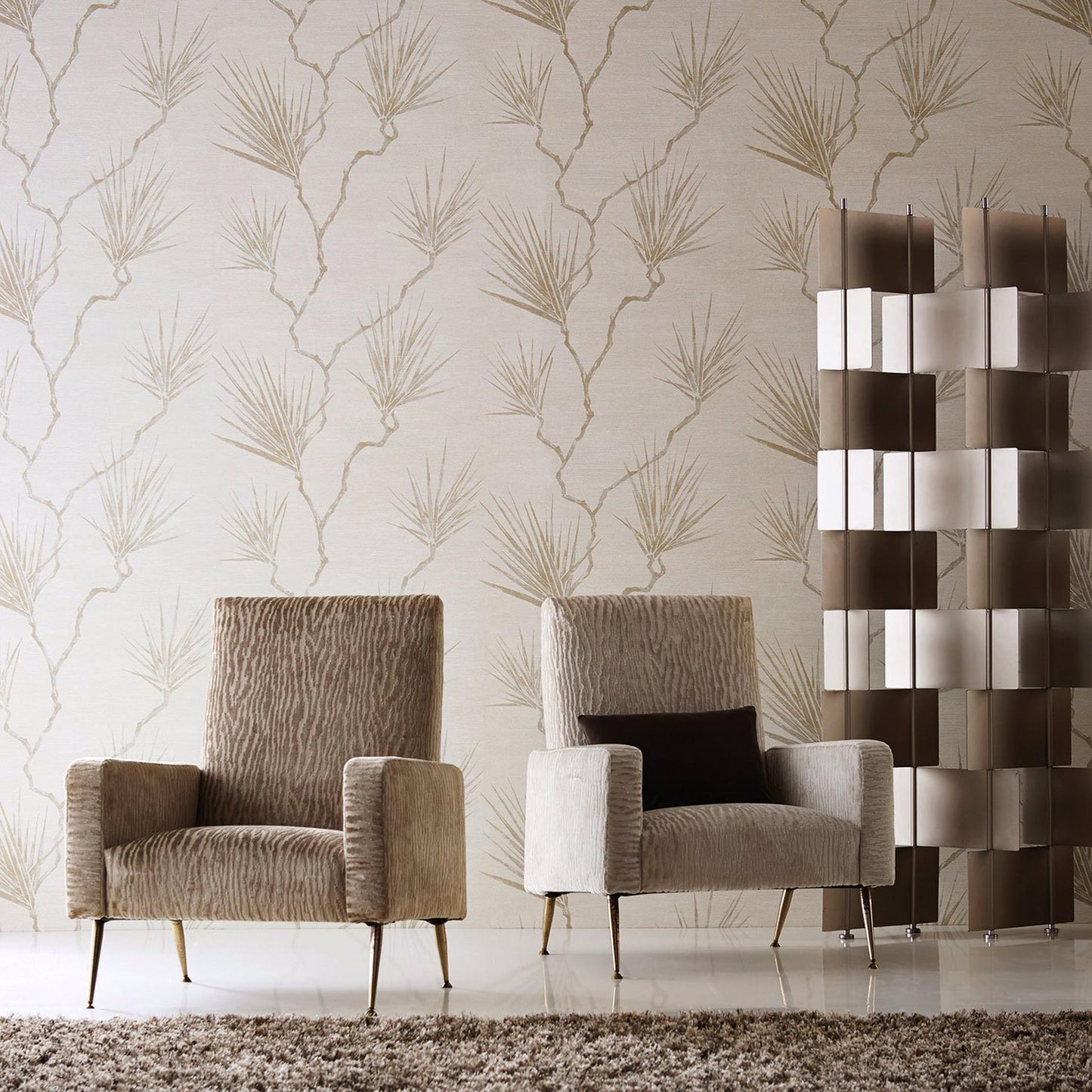 Harlequin Peninsula Palm Parchment wallpaper – wide-width embossed vinyl wallcovering featuring a palm-leaf motif over a silk-slub texture, in neutral parchment tones for luxury tropical and contemporary interiors