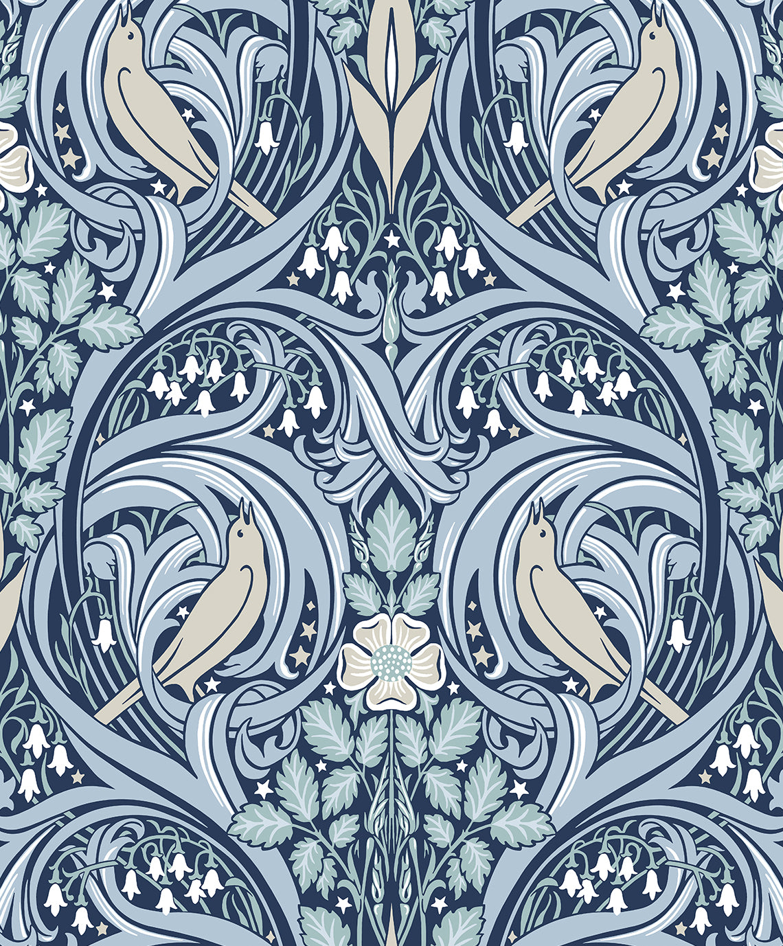 Intricate floral and bird pattern in navy and soft blues, featuring cream flowers and golden birds, ideal for wallpaper or fabric.