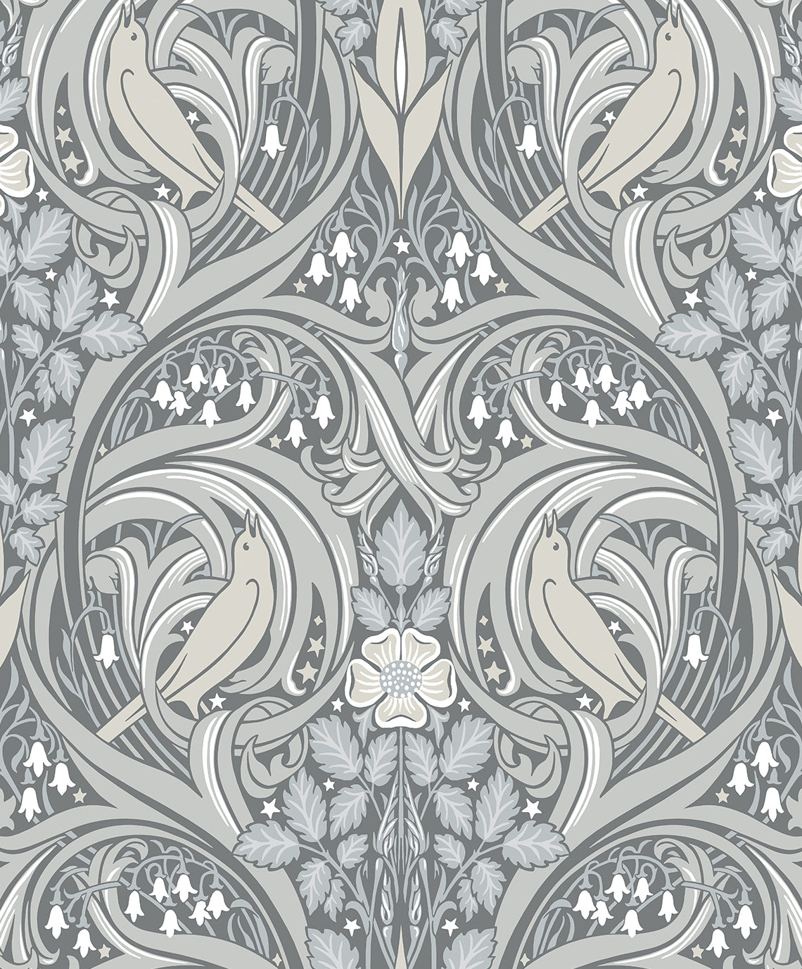 Elegant grey floral wallpaper featuring intricate patterns of birds, flowers, and swirling leaves, with soft neutral tones.