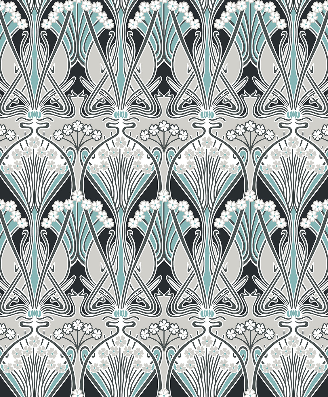 Dragonfly damask pattern on black matte background with teal, white & gray accents and intricate line work.