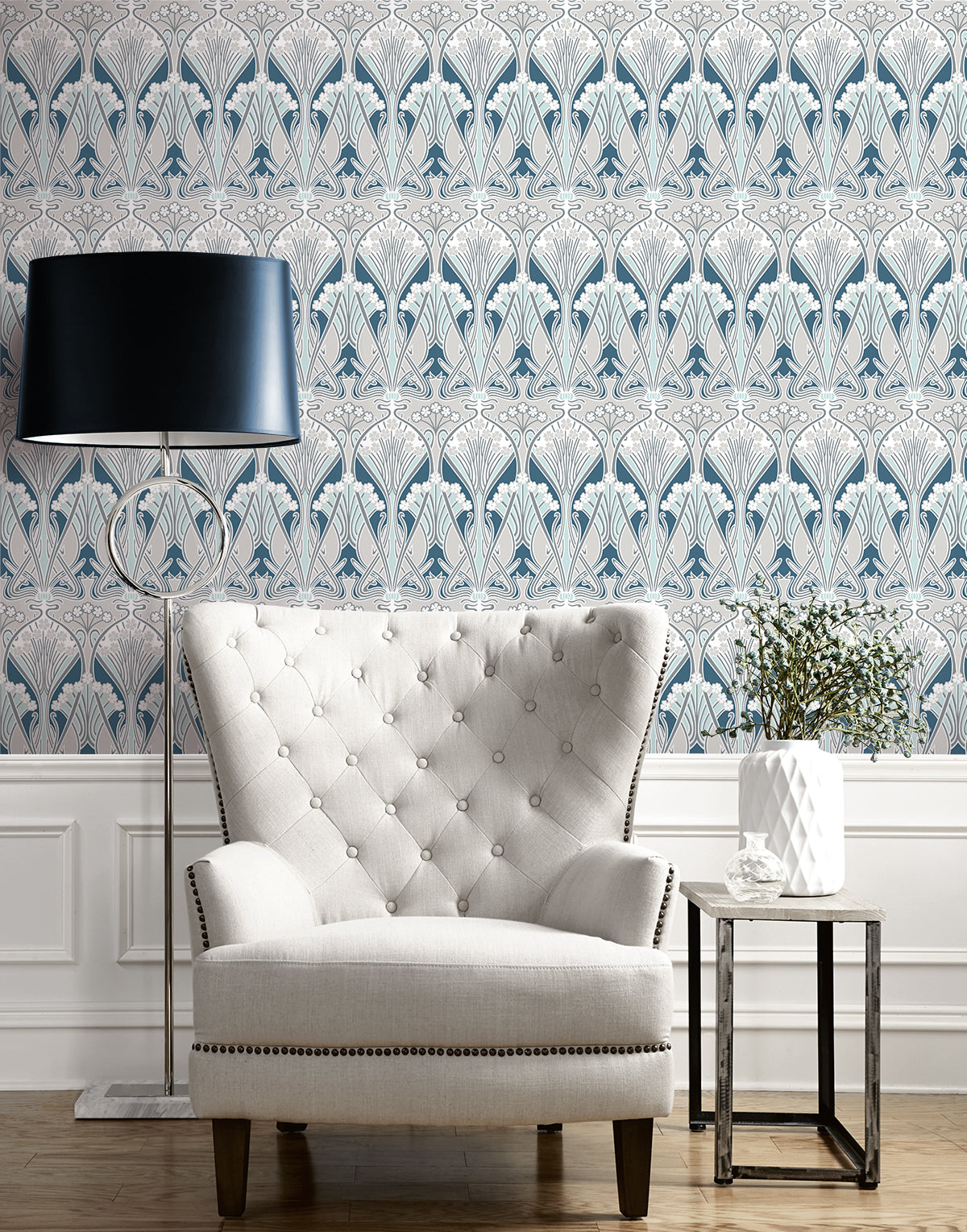 Blue matte dragonfly damask wallpaper with a vintage damask pattern.