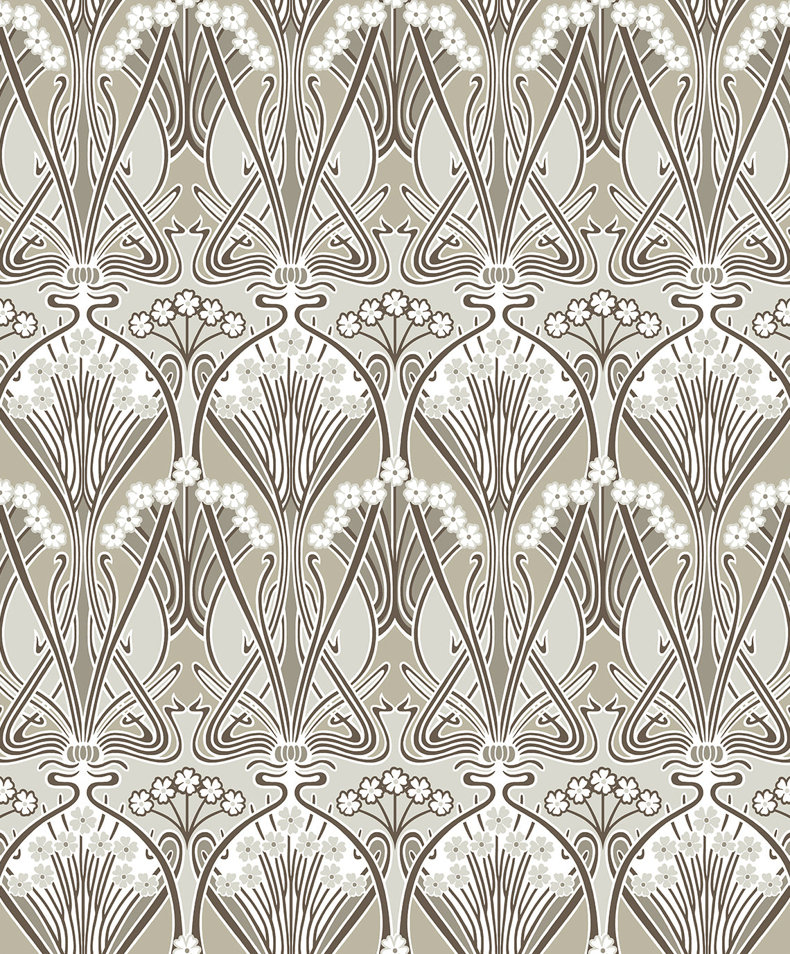 Damask pattern in muted beige and cream with Art Nouveau-inspired line work and symmetrical designs. Elegant and decorative.