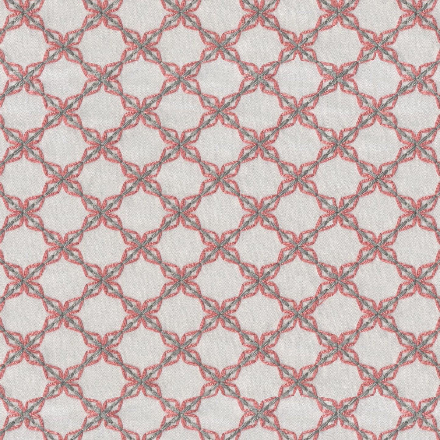 Light gray fabric with pink braided lattice pattern forming diamonds; lace-like geometric textile.
