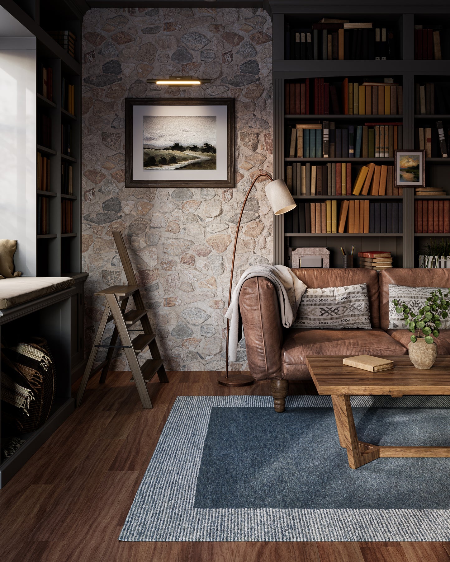 Cozy living room with stone accent wall, brown leather sofa, wooden coffee table, blue rug, and tall bookcases filled with books.