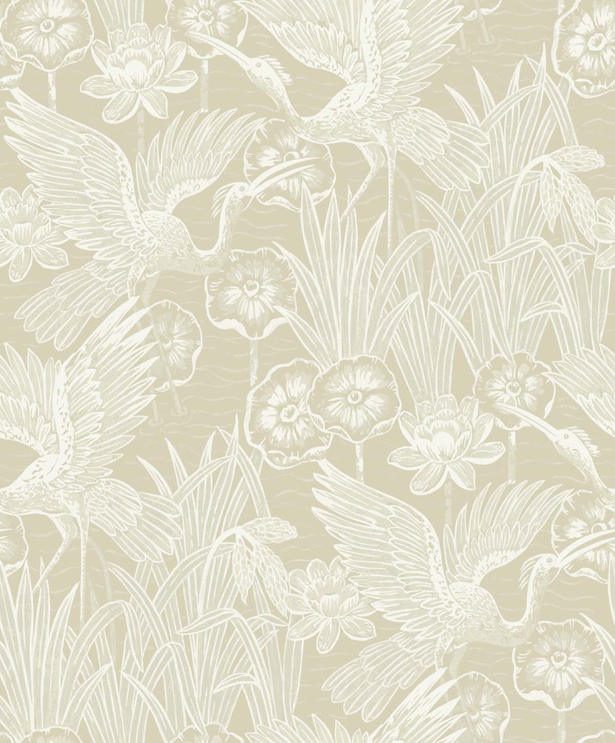 Seabrook Designs White Heron Marsh Cranes Animal Print Contemporary Beige Metallic - EW11005