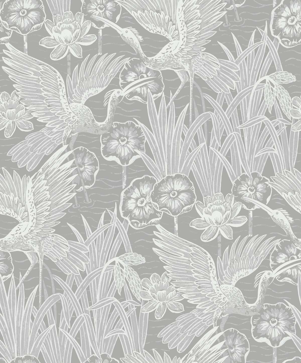 Seabrook Designs White Heron Marsh Cranes Animal Print Contemporary Grey Metallic - EW11008
