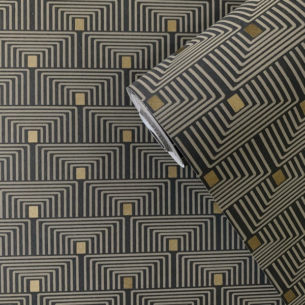 Bronze and brown geometric Art Deco wallpaper with concentric square (key-style) pattern and dark lines; rolled sample.