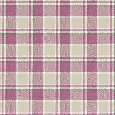 Purple and beige plaid fabric featuring a classic check pattern, ideal for clothing or home décor projects.