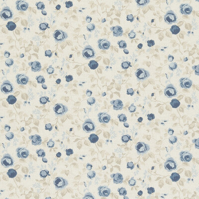 Light cream fabric featuring delicate blue floral patterns, perfect for upholstery or crafting projects.