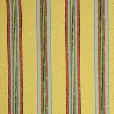 Bright yellow fabric with vertical stripes in red, green, and blue, perfect for vibrant home decor or upholstery projects.