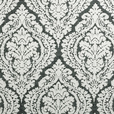Elegant gray and white damask pattern fabric, perfect for upholstery or home décor, featuring intricate floral motifs.
