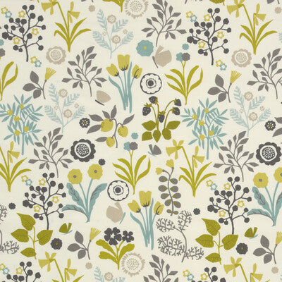Colorful floral fabric featuring shades of yellow, gray, and blue with a whimsical botanical design on a cream background.