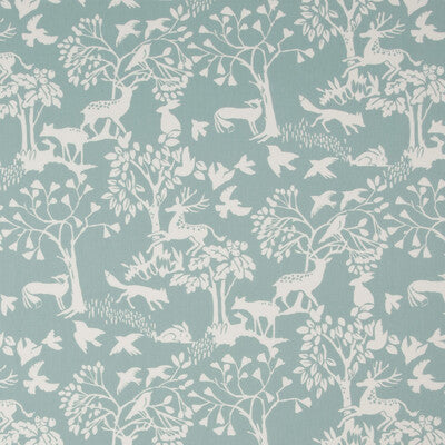 Whimsical woodland fabric featuring white silhouettes of deer, foxes, and trees on a soft blue background.