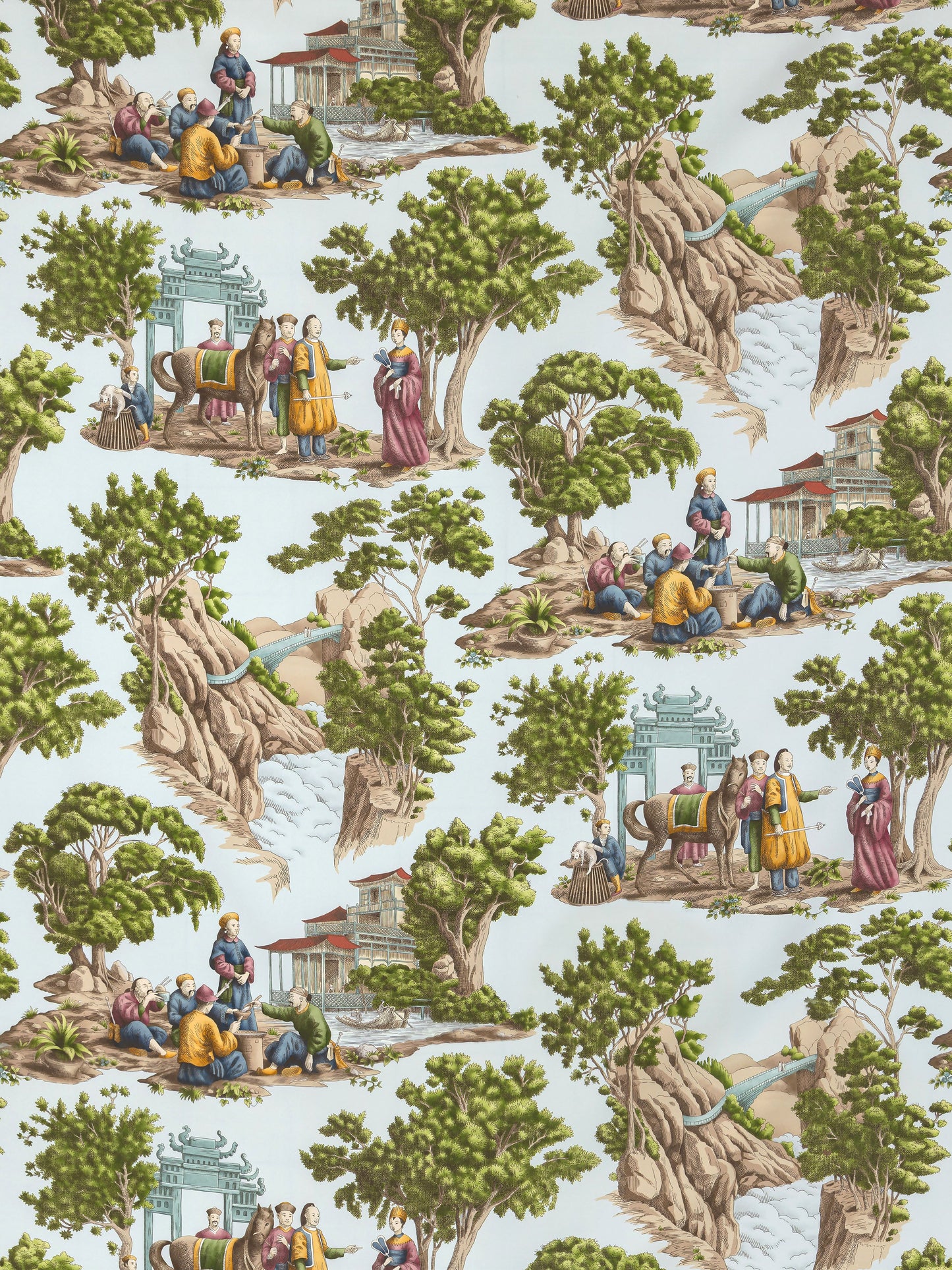 Colorful chinoiserie mandarin toile pattern on fabric: figures in robes among green pines, rocks, pagodas and water.