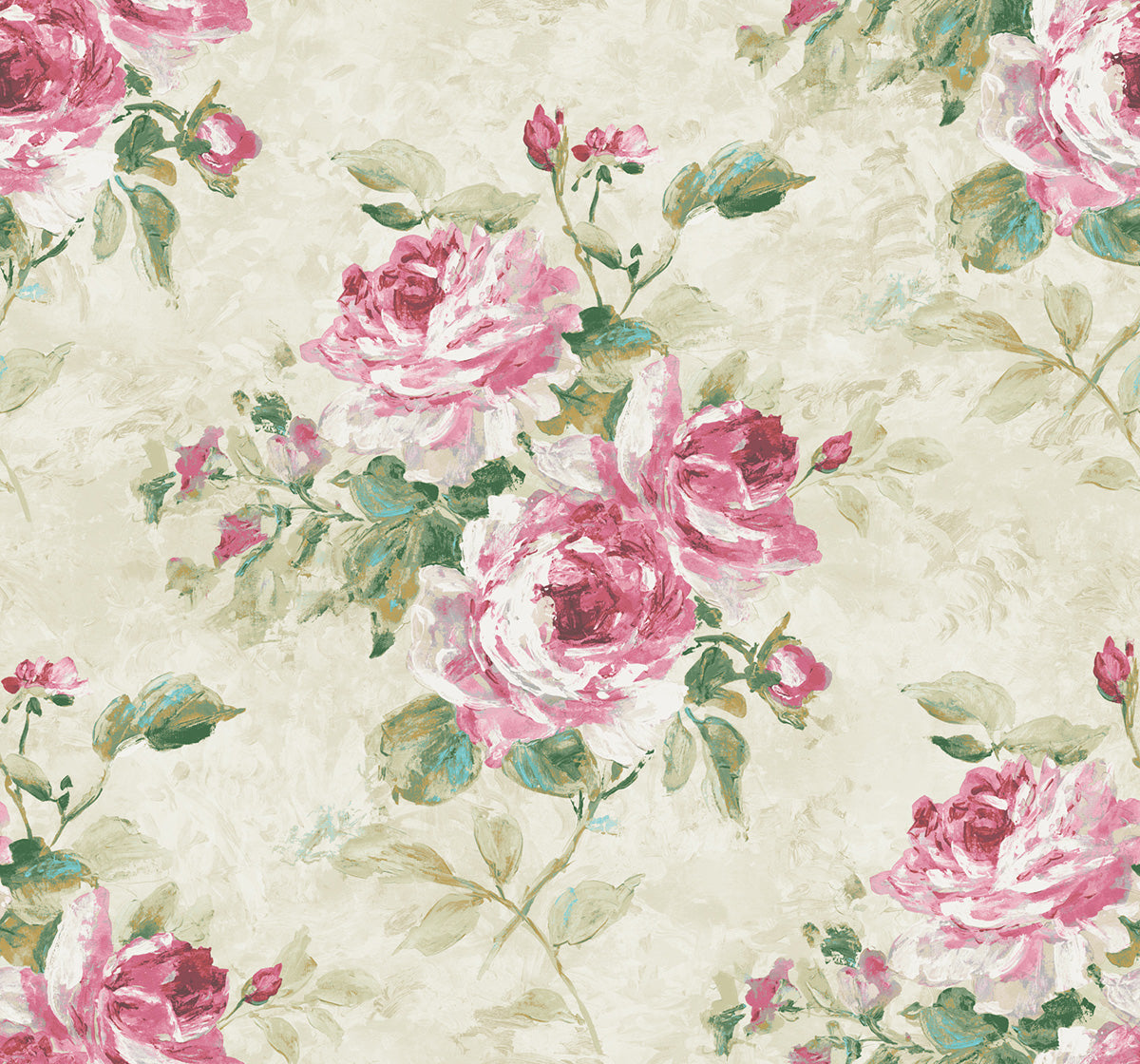 Seabrook Designs Rose Bouquet Floral Contemporary Metallic Ivory, Blush, , Forest Green - FI70401