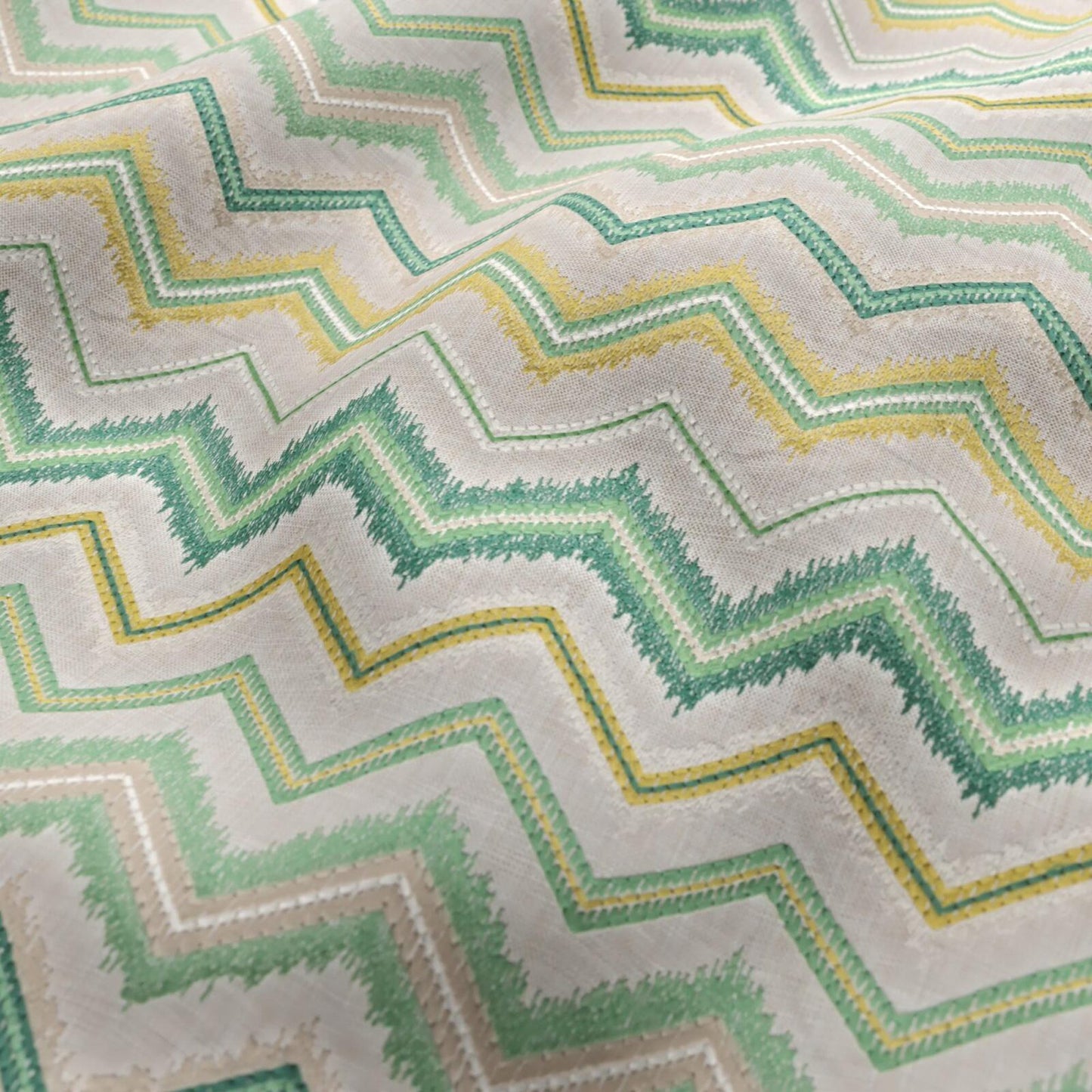JF Fabrics FibreGuard Outdoor FIN 78 Fabric Geometric, Abstract, Chevron Light Green, Dark Green, Beige, White, Yellow Linen Texture, Embroidery, Outdoor - 9466878 J9301