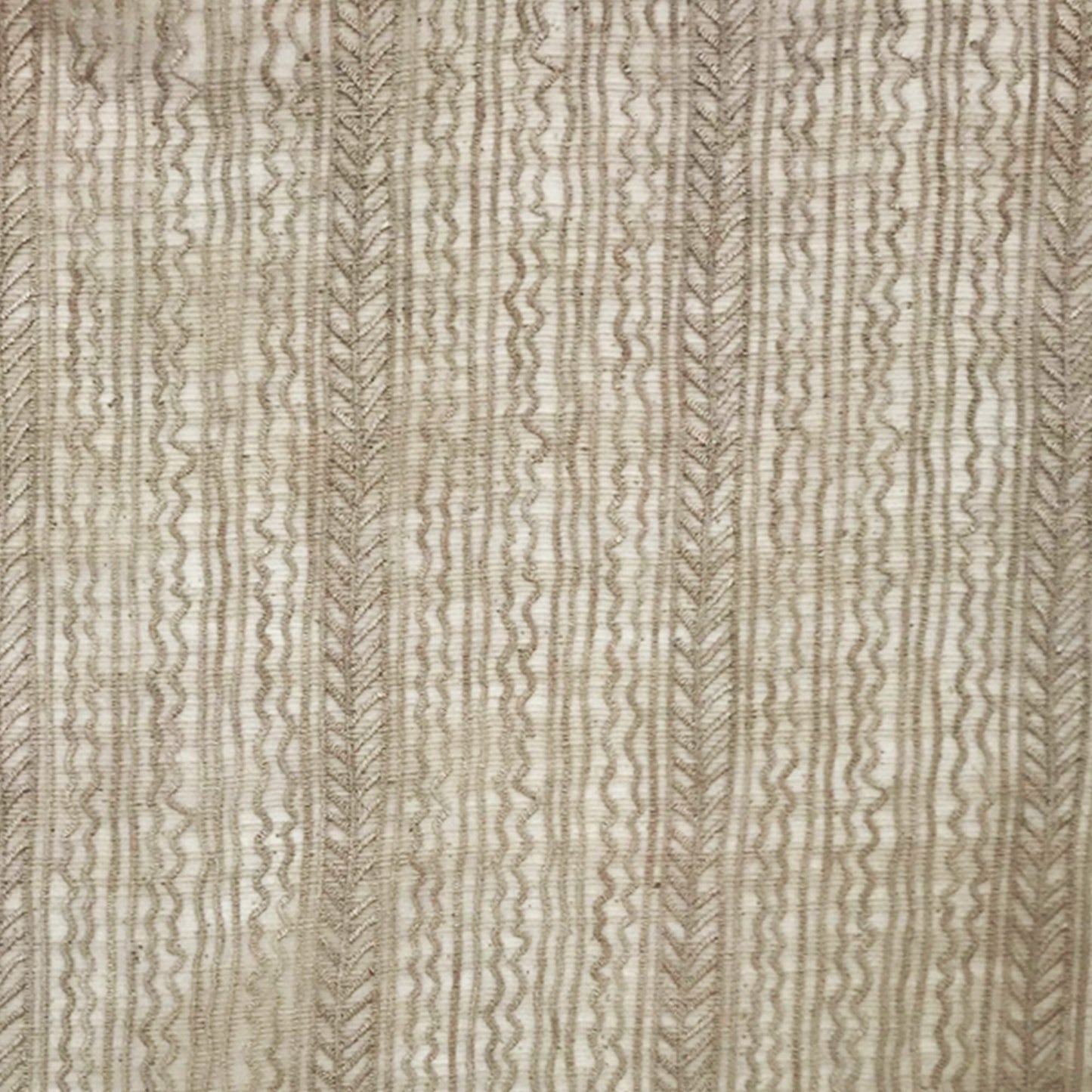 Beige woven fabric with vertical tan wavy braided stripes and a textured surface.