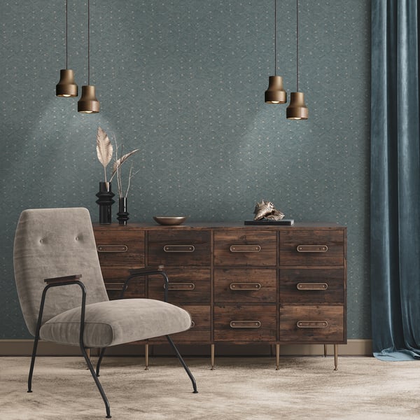 Blue Fusion Geo Swirl motif wallpaper with geometric swirl design.