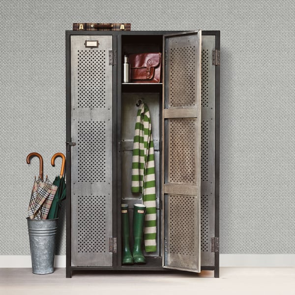 Wallcovering swatch with a metallic diamond-plate pattern in silver grey.