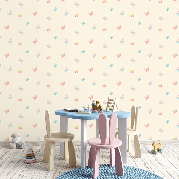 Cream wallpaper with a pastel butterfly pattern for a kids room.