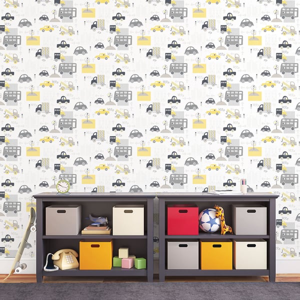 Dark wood cubby storage with color-coded fabric bins and toys, set against car-themed wallpaper.