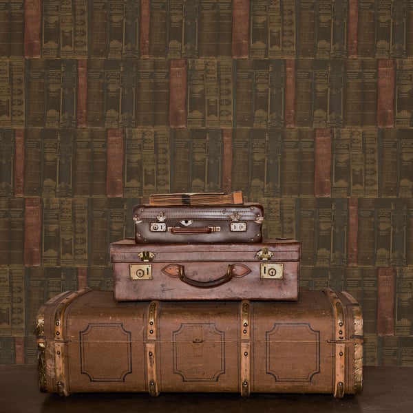 Wallpaper featuring a vintage library motif with rows of antique book spines on shelves in bronze and brown tones.