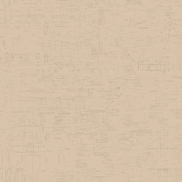 Beige textured wallpaper with faint vintage technical drawings and schematics, subtle, neutral backdrop.