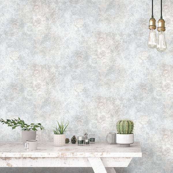 Silver-grey wallpaper with a nostalgic gears pattern.