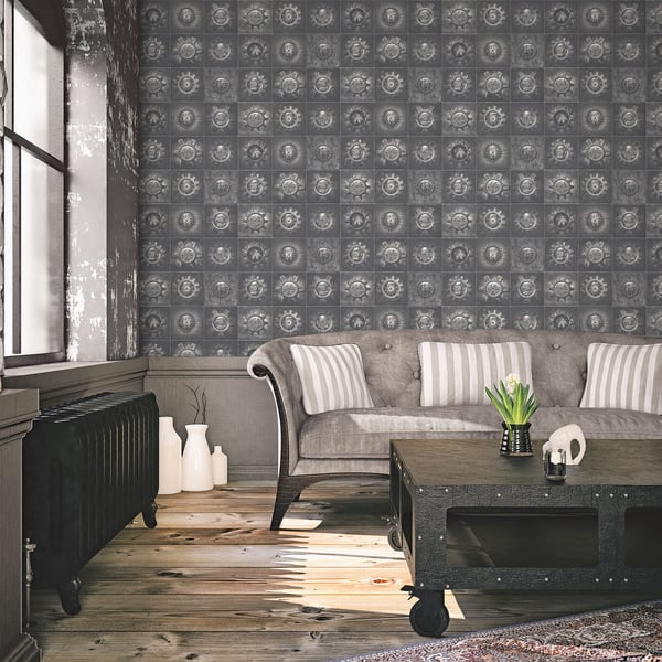 Silver grey industrial tile wallpaper on wall with a repeating tile pattern.