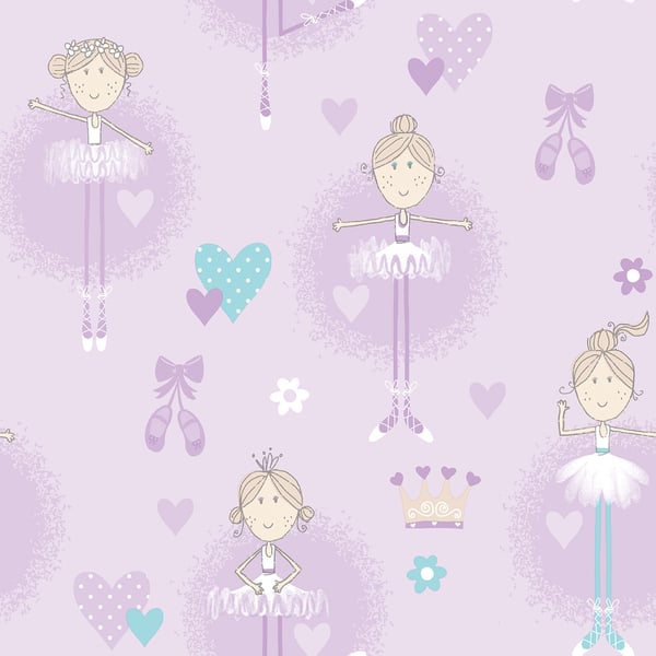 Pastel lavender pattern featuring cute ballerinas in tutus, ballet slippers, hearts, crowns and flowers.