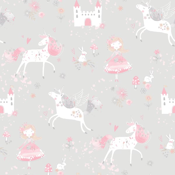 Pastel gray fabric with white unicorns with pink manes, a girl in pink dress, castles, rabbits and flowers.